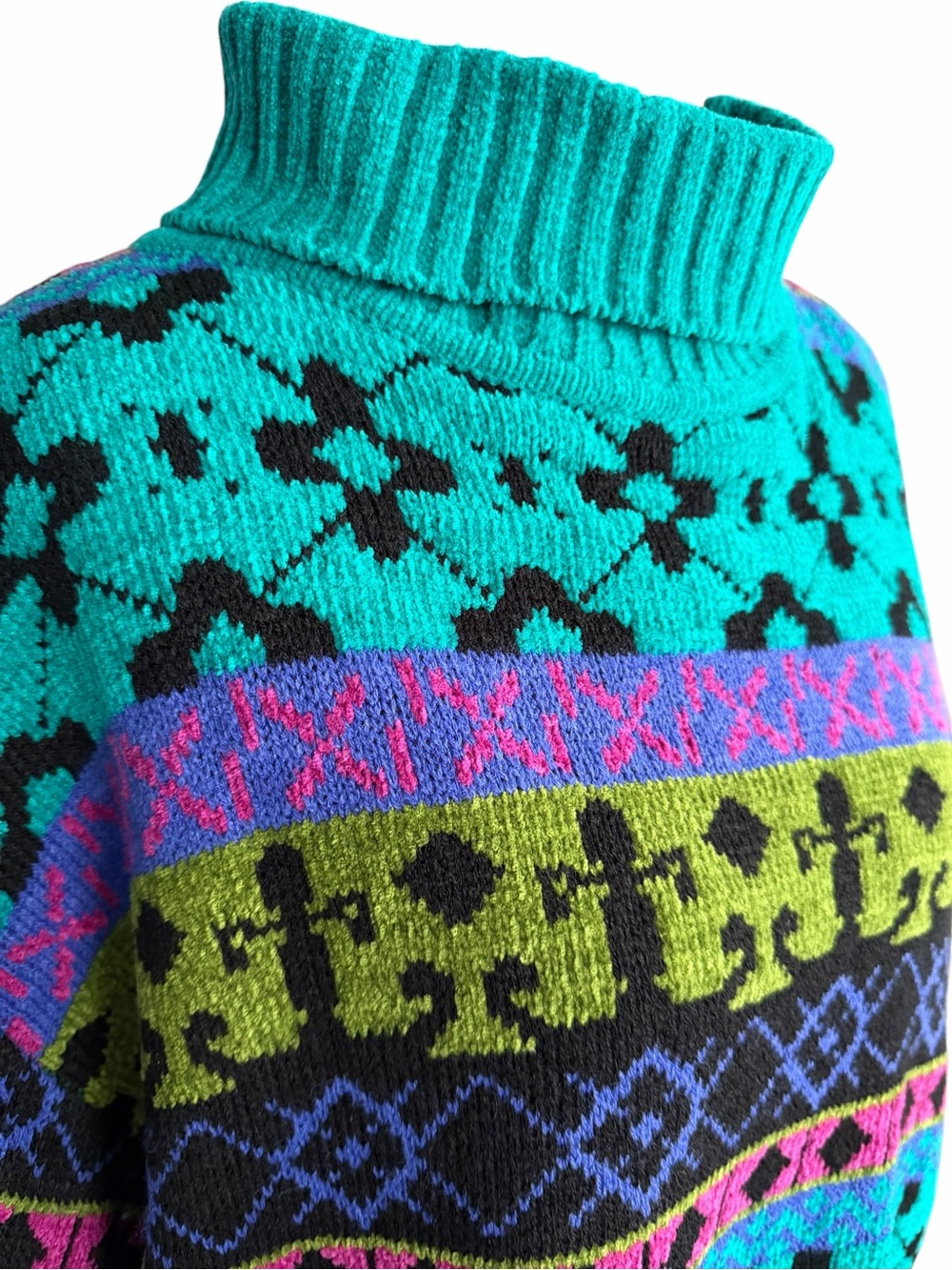 Vintage 90s Petite Chenille Turtleneck Sweater Teal Geometric Oversized PL